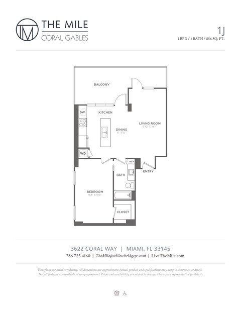 Floor plan for 1 bed, 1 bath, 856 sqft